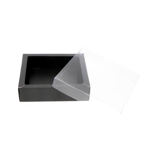 Bonbondozen bodem mat zwart en PET deksel 105x105x30 mm FSC