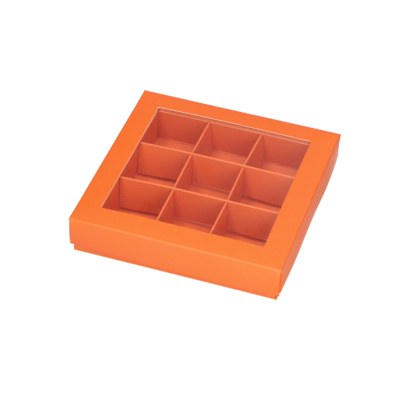 Bonbondozen 9-vaks bodem en deksel met venster 'Mat oranje' 105x105x25 mm