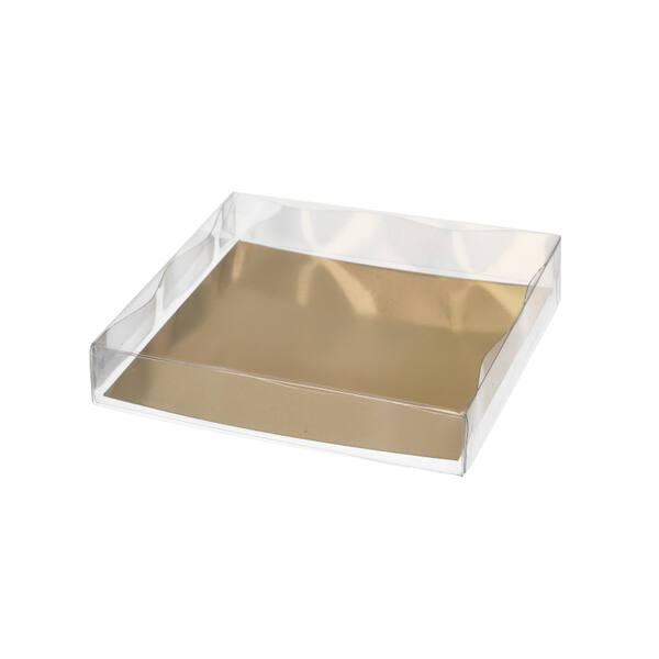 Blisters R-PET bodem met deksel transparant en goudkarton bodem 200 mµ 110x110x20x20mm
