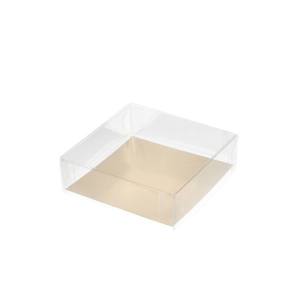Blisters RPET bodem en deksel 200 mµ transparant met goudkarton 95x95x30x30 mm