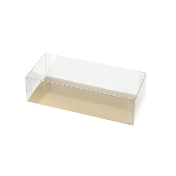 Blisters R-PET bodem met deksel transparant met goudkarton bodem 200 mµ 210x90x40 mm