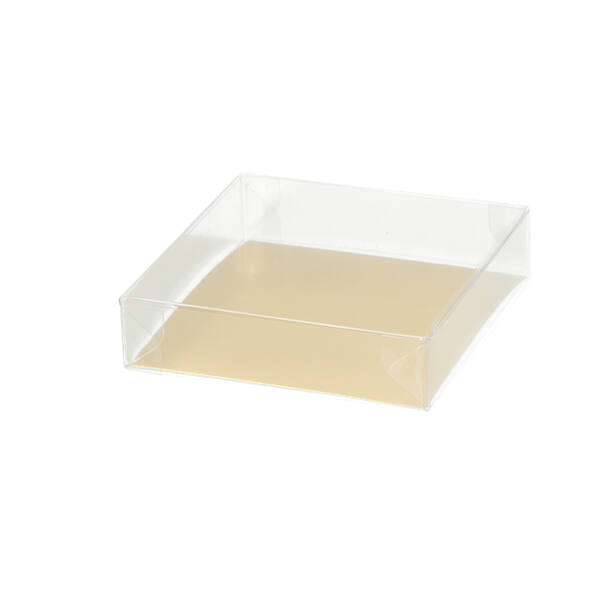 Blisters R-PET bodem met deksel transparant met goudkarton bodem 200 mµ 80x80x20 mm