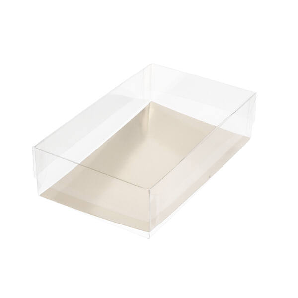 Blisters R-PET bodem met deksel transparant met goudkarton bodem 200 mµ 150x90x40x25mm