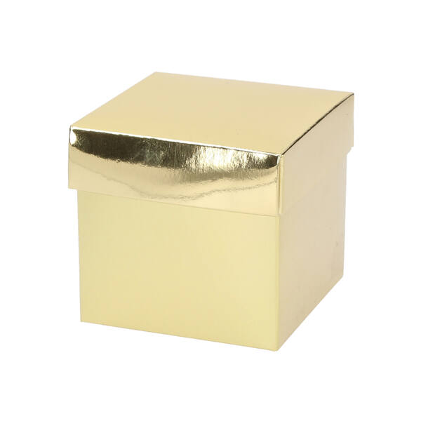 Bonbondozen CubeBox® glans goud (deksel opgezet) met goudkarton (2 maten)