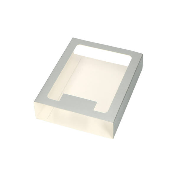 Chocoladeletterdozen GK1 sleeve met venster en lip mat zilver 154x115x32 mm