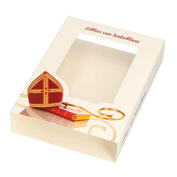 Chocoladeletterdozen GK7 sleeve met venster 'Lekkers van Sinterklaas' 210x155x36 mm