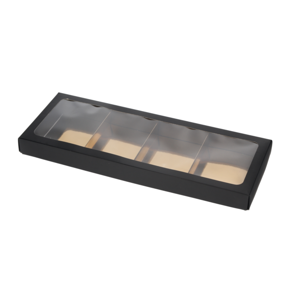 Chocoladeletterdozen 4-vaks (4xGK1) met deksel mat zwart en inlay metallic goud 135x360x30 mm FSC