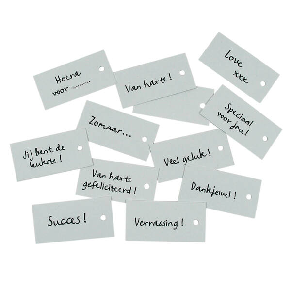 Hangkaartjes gebleekt kraft wit met tekst 30x60 mm set van 12 soorten tekst per 20 stuks