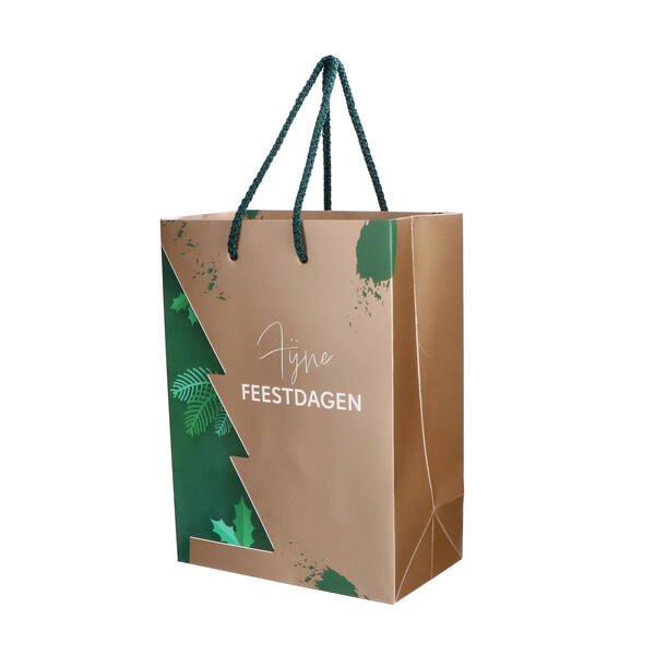 Draagtassen pakket papier 'Deep Warm Christmas' 180x100x245 mm met groene PP koorden
