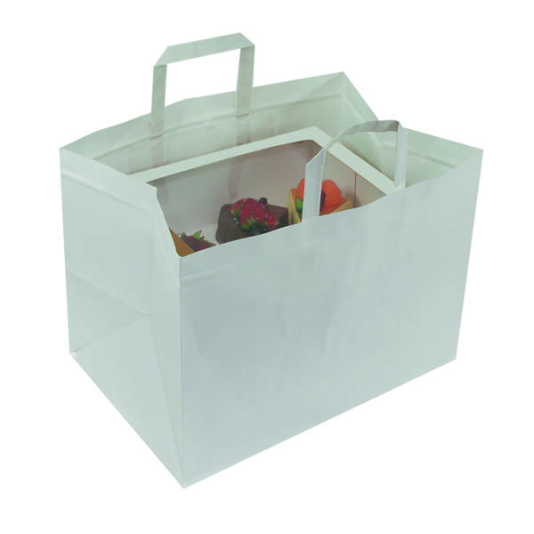 Draagtassen papier kraft wit platte handgrepen 350x230x250 mm