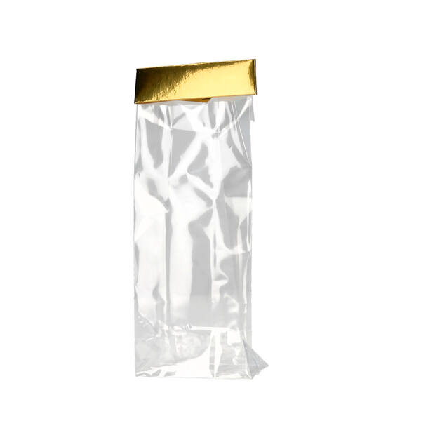 Zakken Elysée transparant met kartonnen bodem glanzend goud en sluiting ongemonteerd 80x50x250 mm