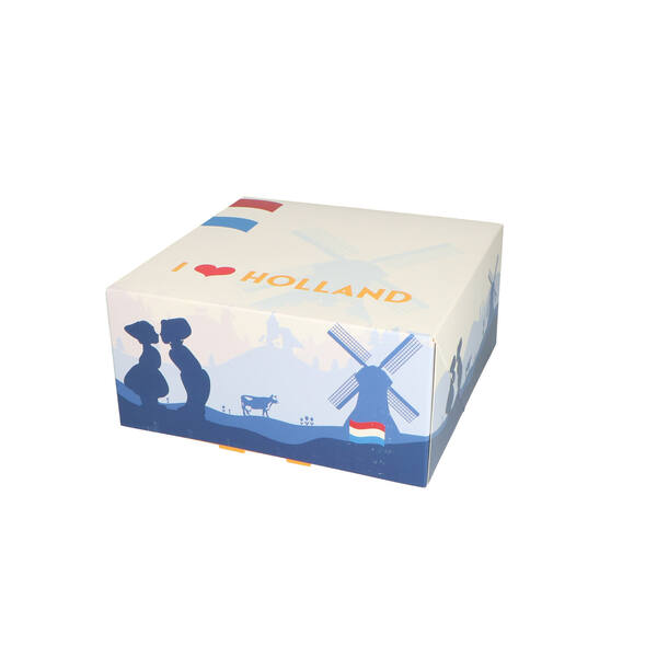 Gebaksdozen 'I love Holland dessin ILH2' oranje/blauw 190x190x90 mm