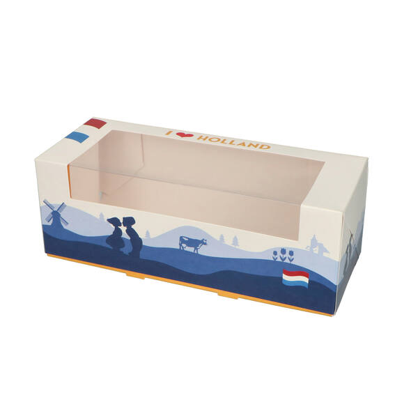 Gebaksdozen met venster (DLV) 'I love Holland dessin ILH2' oranje/blauw 250x100x90 mm