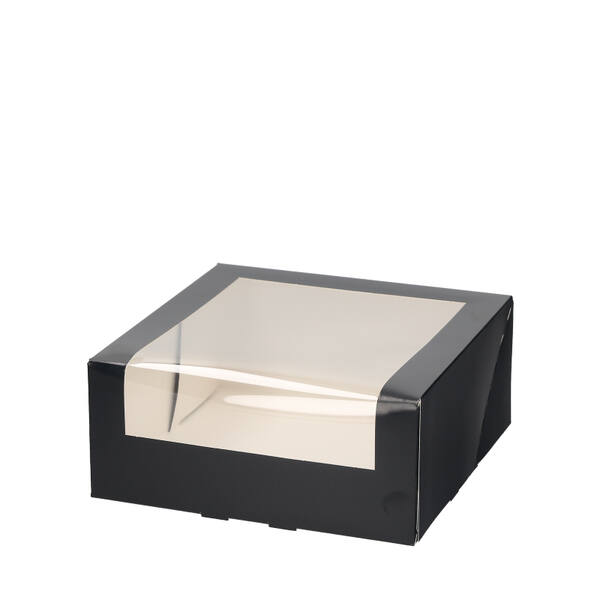 Gebaksdozen met venster (DLV) zwart 210x210x90 mm 6P met sleepvoetjes  FSC