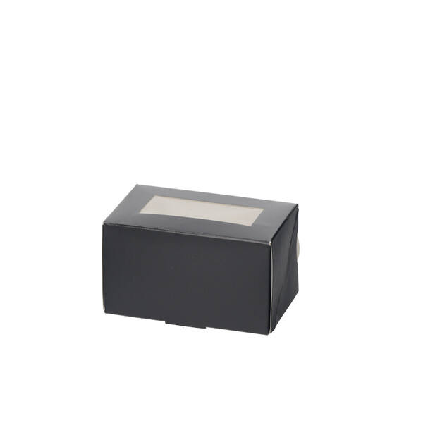 Gebaksdozen met venster (BV) 125x77x72 mm 6P/4P met open voorklep en zijsluiting zwart neutraal FSC