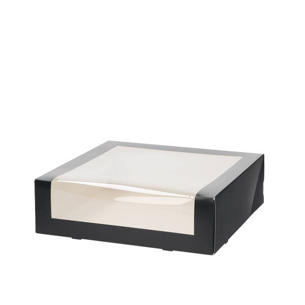 Gebaksdozen met venster (DLV) 300x300x90 mm 6P/4P met losse voorklep zwart/neutraal FSC
