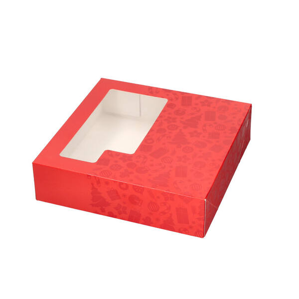 Kerstkransdozen deksel 1 pond met venster dessin 'rood neutraal met lak tekening' 227x227x60 mm 4P FSC