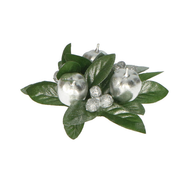 Kerst kaarsenring met kerstappel zilver 70 mm E356 S per 48 stuks