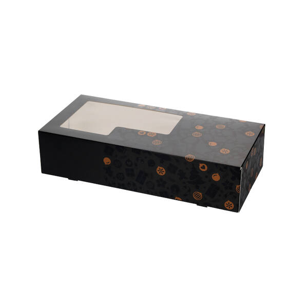 Kerststoldozen 2 pond met venster dessin 'black gold neutraal met lak tekening' 340x160x80 mm 6P FSC