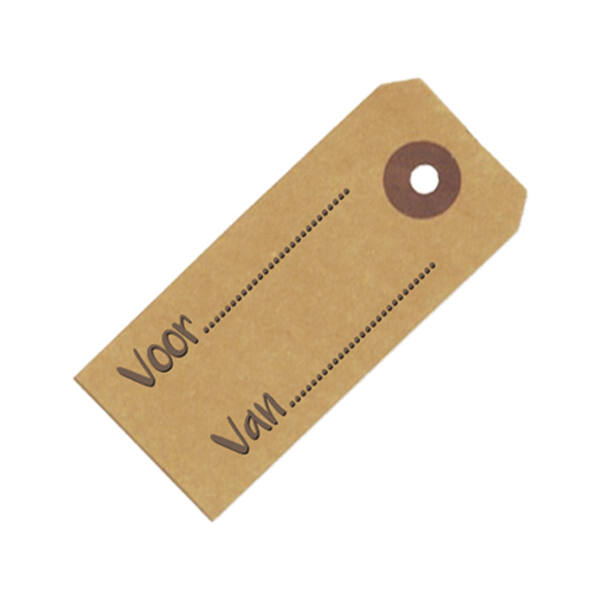 Decoratie labels bruin kraft bedrukking tekst 'Van/Voor' 75x45 mm per 80 stuks