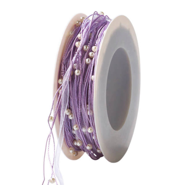 Lint lavendel uitgevoerd in wit en lila en pareltjes 5 mm x15m