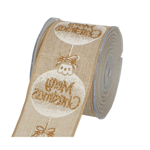 Lint jute met kerstbal wit goud 63 mm x5 m 3667 04