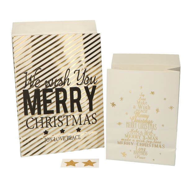 Cadeauzakken van papier 'M.Xmas' wit/goud 27/20 & 21/15 cm 2 assorti (455112)