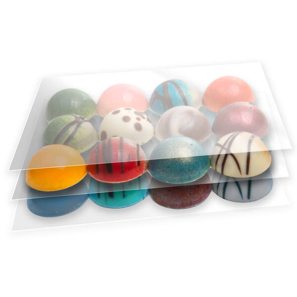 Vellen R-PET 200 mµ transparant mica tussenlegger voor ballotins 375 gram 122x70 mm