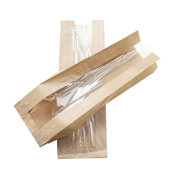 Papieren zakken met venster bruin gestreept kraft 160+2x50x480 mm
