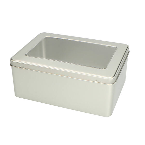 Blik rechthoekig met scharnierdeksel en venster zilver 220x160x90 mm