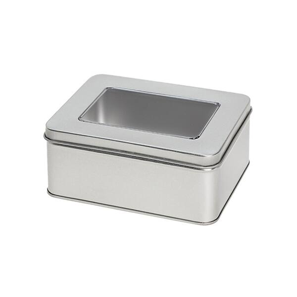 Blik rechthoekig met venster en los overschuifdeksel zilver 143x101x62 mm