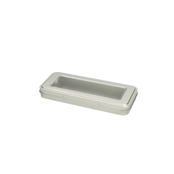 Pennenblik met scharnierdeksel en venster zilver 181x76x22 mm