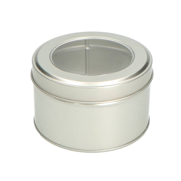 Blik rond met los overschuifdeksel en venster zilver ø 107x65 mm