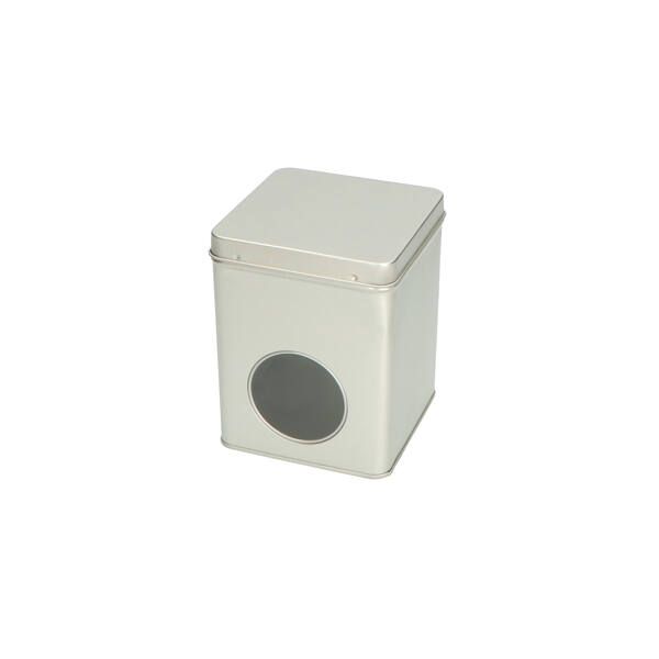 Blik vierkant 200 gram met scharnierdeksel en venster zilver 88x88x113 mm